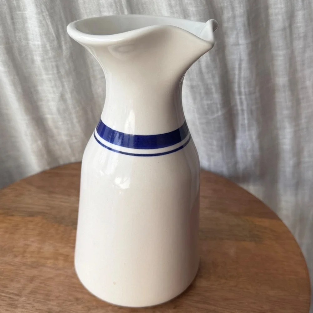 Vintage 70s Decanter Cheap Wine Carafe 8in White Blue Ceramic Novelty Barware
